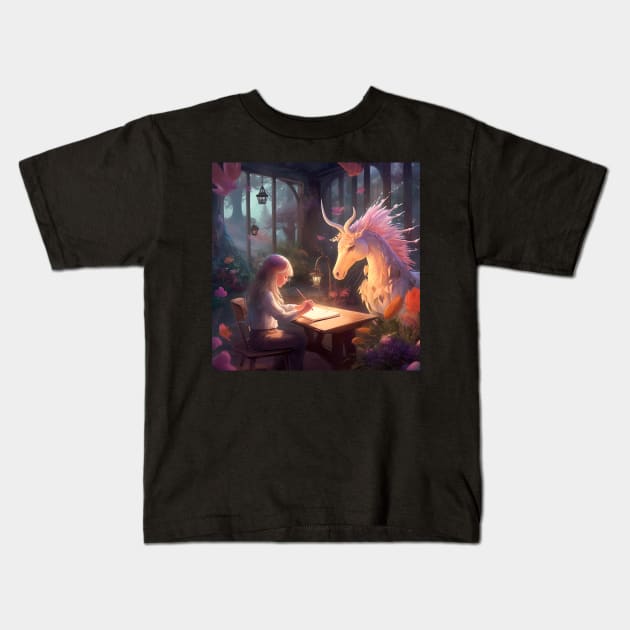 The Enchantment of Fantasy: A Magical Journey with a Dreaming Unicorn and an Adventurous Child in a Dream World Kids T-Shirt by insaneLEDP